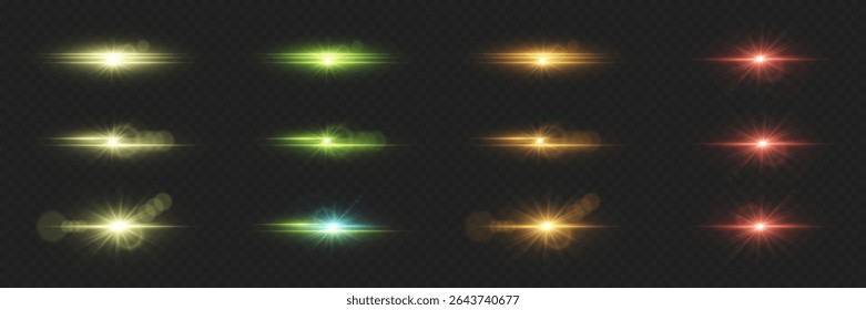 Conjunto de efeitos de luz brilhante com brilho. Explosão de erupções e estrelas.