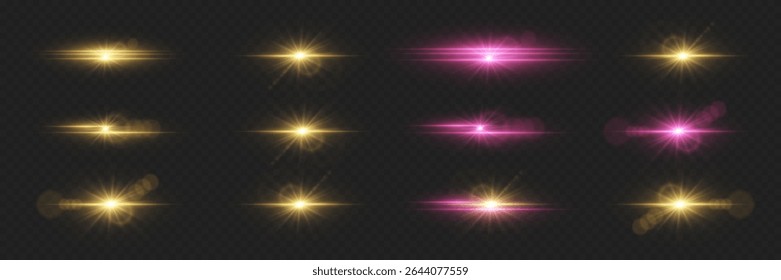 Conjunto de efeitos de luz brilhante com brilho. Explosão de erupções e estrelas.