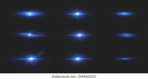 Conjunto de efeitos de luz brilhante com brilho. Explosão de erupções e estrelas.