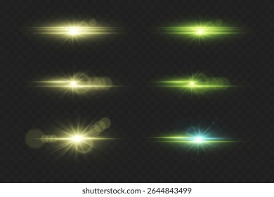 Conjunto de efeitos de luz brilhante com brilho. Explosão de erupções e estrelas.