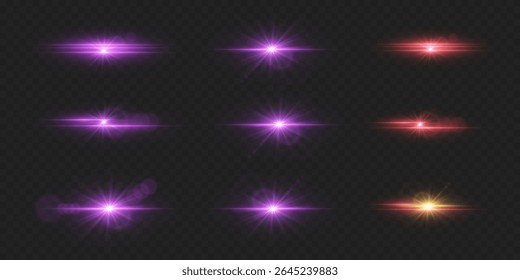 Set of glowing light effects with glare. Explosion of flares and stars.