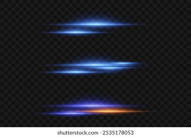 Set of glowing light effects. Horizontal neon laser beams. On a transparent background.