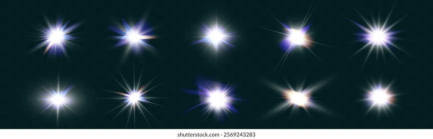 Set of glowing light effects with lens flares, starbursts, and radiant beams on a transparent background. Bright, luminous elements suitable for overlays and decoration.
