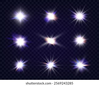 Set of glowing light effects with lens flares, starbursts, and radiant beams on a transparent background. Bright, luminous elements suitable for overlays and decoration.
