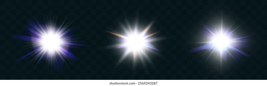 Set of glowing light effects with lens flares, starbursts, and radiant beams on a transparent background. Bright, luminous elements suitable for overlays and decoration.
