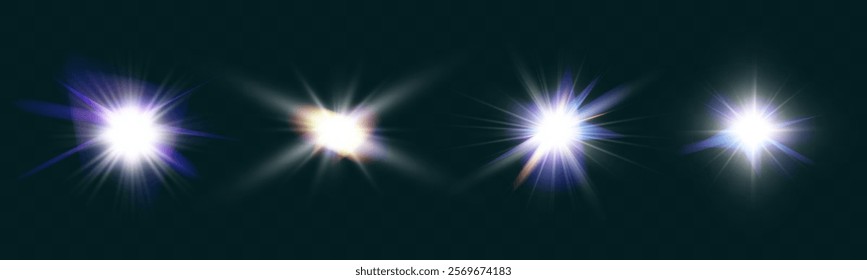 Set of glowing light effects with lens flares, starbursts, and radiant beams on a transparent background. Bright, luminous elements suitable for overlays and decoration.