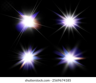 Set of glowing light effects with lens flares, starbursts, and radiant beams on a transparent background. Bright, luminous elements suitable for overlays and decoration.