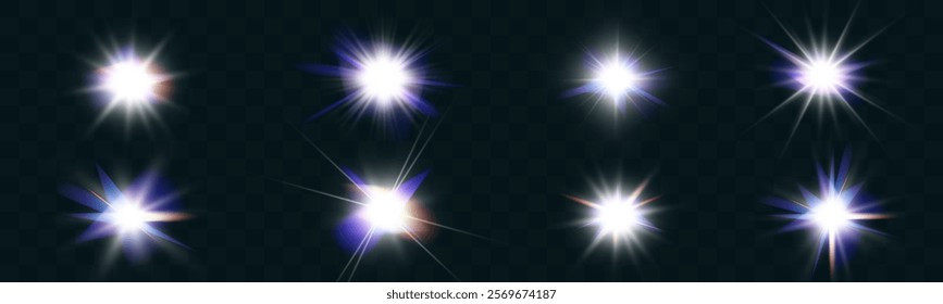 Set of glowing light effects with lens flares, starbursts, and radiant beams on a transparent background. Bright, luminous elements suitable for overlays and decoration.