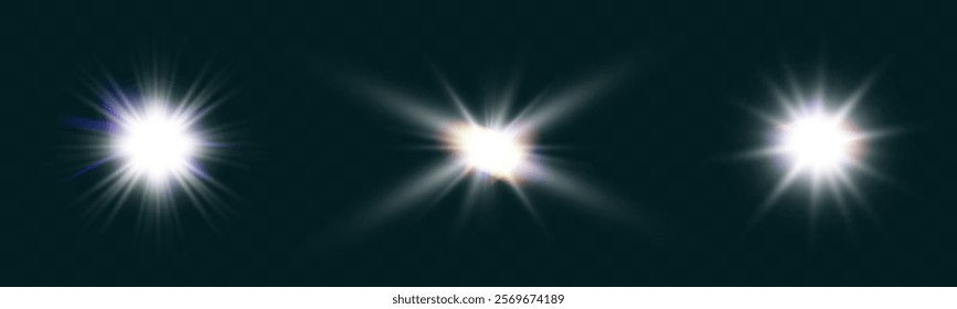 Set of glowing light effects with lens flares, starbursts, and radiant beams on a transparent background. Bright, luminous elements suitable for overlays and decoration.