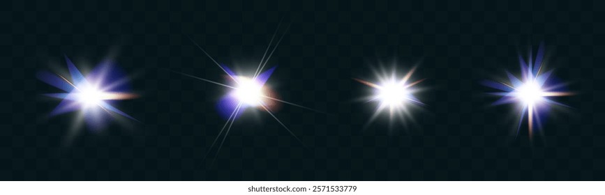 Set of glowing light effects with lens flares, starbursts, and radiant beams on a transparent background. Bright, luminous elements suitable for overlays and decoration.