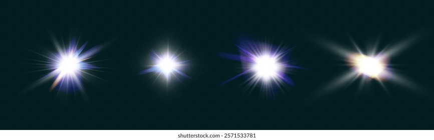 Set of glowing light effects with lens flares, starbursts, and radiant beams on a transparent background. Bright, luminous elements suitable for overlays and decoration.