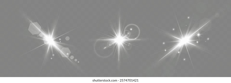 Set of glowing light effects with lens flares, starbursts, and radiant beams on a transparent background. Bright, luminous elements suitable for overlays and decoration.	