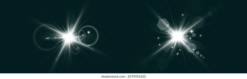 Set of glowing light effects with lens flares, starbursts, and radiant beams on a transparent background. Bright, luminous elements suitable for overlays and decoration.	