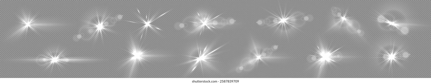 Set of glowing light effects with lens flares, shining starbursts, transparent background, bright illumination, soft bokeh, abstract sparkles, realistic highlights, dreamy radiance, sparkling refracti