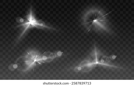 Set of glowing light effects with lens flares, shining starbursts, transparent background, bright illumination, soft bokeh, abstract sparkles, realistic highlights, dreamy radiance, sparkling refracti