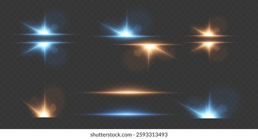 Set of glowing light effects, magical flash of light and sparkles of stars. On a transparent background.