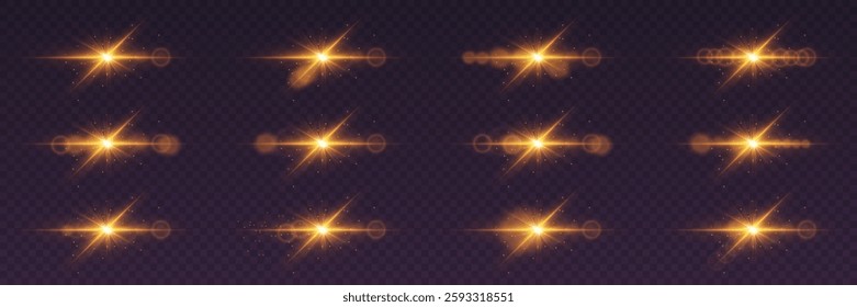 Set of glowing light effects, magical flash of light and sparkles of stars. On a transparent background.