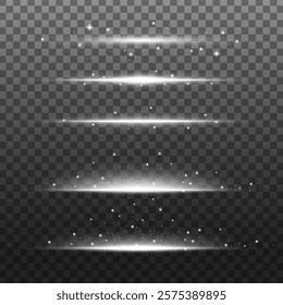 Set of glowing light effects on transparent background. Light effects with sparkles, shining beams, and glowing lines. Perfect for design and decoration. Overlay effect vector element set.