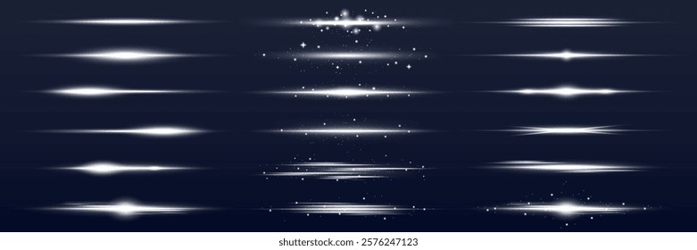 Set of glowing light effects on a dark background. Includes horizontal light streaks, sparkles, and flares. Perfect for design projects needing light effects. Overlay effect vector element set.