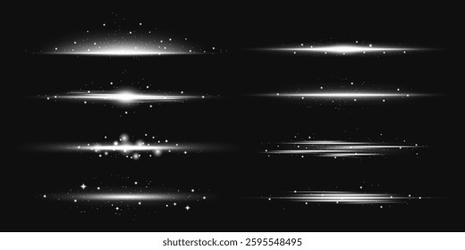 Set of glowing light effects on a dark background. Includes bright, sparkling, and shining light beams. Perfect for adding luminous, radiant highlights. Overlay effect vector element set.