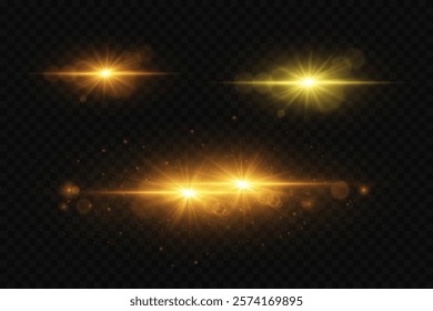 Set of glowing light effects. Shining stars, glare, explosion, sparkle, dust, lines, flash of spark.