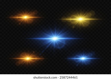Set of glowing light effects. Shining stars, glare, explosion, sparkle, dust, lines, flash of spark.