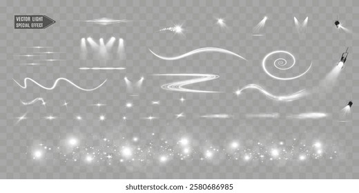 Set of glowing light effects, sparkles, and spotlights on transparent background, perfect for digital design, decorations, and visual effects.