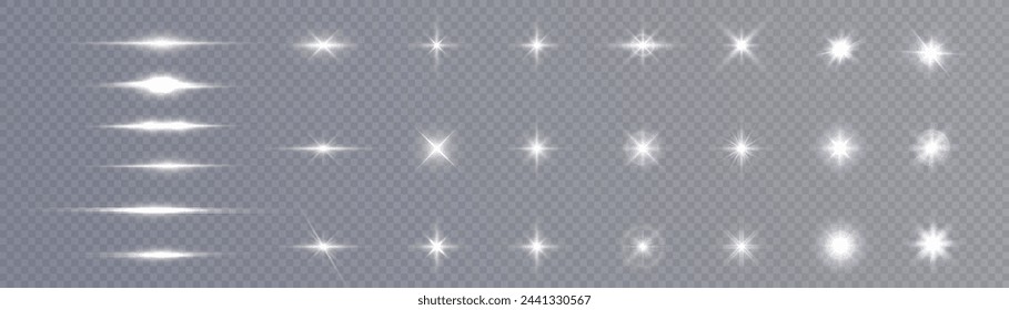 Set of glowing light effects. Sparkling and shining stars, horizontal glow, bright flashes of lights with rays and glare.