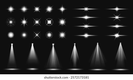 Set of glowing light effects and spotlights on a dark background. Includes various starbursts and beams. Perfect for design and illumination projects. Overlay effect vector element set.