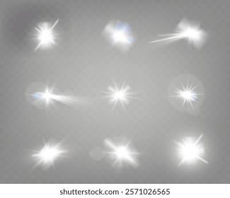 Set of glowing light effects with starbursts and radiating beams on a transparent background, ideal for overlays and decorations.
