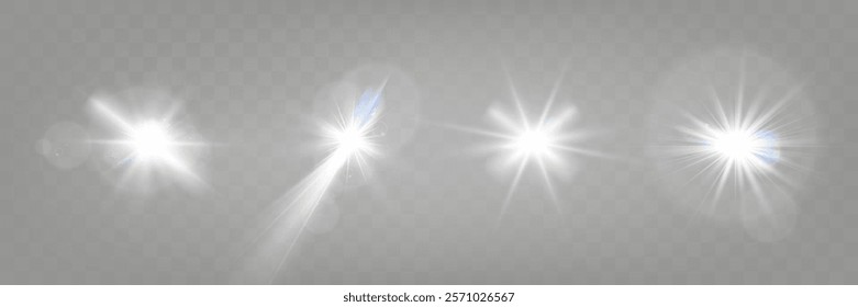 Set of glowing light effects with starbursts and radiating beams on a transparent background, ideal for overlays and decorations.