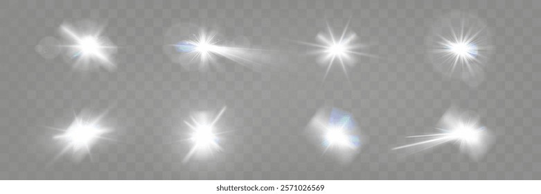 Set of glowing light effects with starbursts and radiating beams on a transparent background, ideal for overlays and decorations.