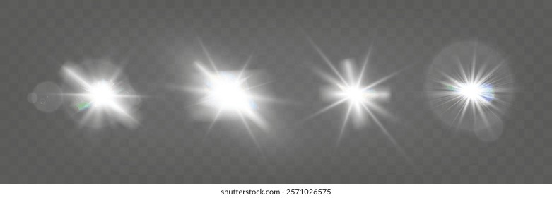 Set of glowing light effects with starbursts and radiating beams on a transparent background, ideal for overlays and decorations.
