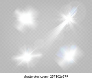 Set of glowing light effects with starbursts and radiating beams on a transparent background, ideal for overlays and decorations.
