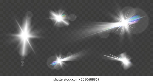 Set of glowing light effects with starbursts and radiating beams on a transparent background, ideal for overlays and decorations.	