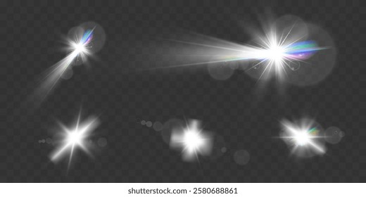 Set of glowing light effects with starbursts and radiating beams on a transparent background, ideal for overlays and decorations.	