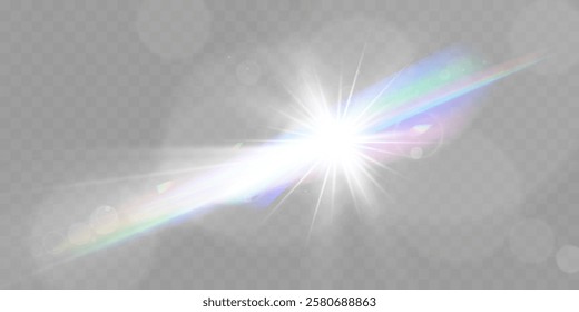 Set of glowing light effects with starbursts and radiating beams on a transparent background, ideal for overlays and decorations.	