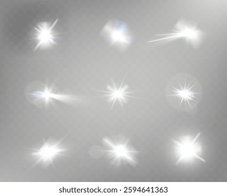 Set of glowing light effects with starbursts and radiating beams on a transparent background, ideal for overlays and decorations.	
