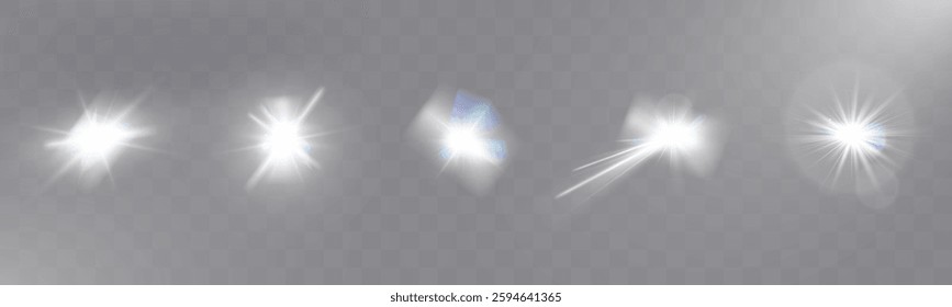 Set of glowing light effects with starbursts and radiating beams on a transparent background, ideal for overlays and decorations.	
