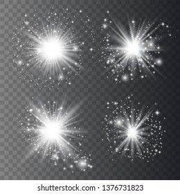 Set of glowing light effects with transparency isolated on background. Lens flares, rays, stars and sparkles with collection. Vector illustration eps 10.