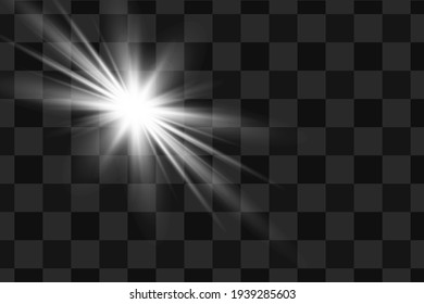 Set of glowing light effects with transparency isolated on vector plaid background. Lens flares, rays, stars and sparks with bokeh collection