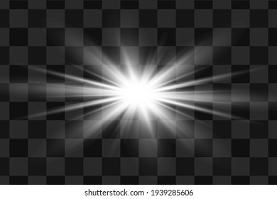 Set of glowing light effects with transparency isolated on vector plaid background. Lens flares, rays, stars and sparks with bokeh collection
