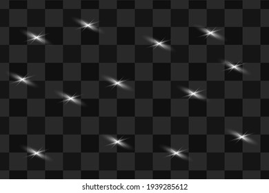 Set of glowing light effects with transparency isolated on vector plaid background. Lens flares, rays, stars and sparks with bokeh collection
