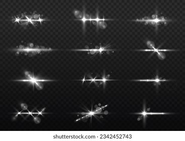 Set of glowing light effects with transparency. Lens flares, rays, stars, sparkles. White glitter bokeh lights and sparks. Shining star, sun particles and sparks on transparent vector background. 