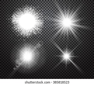 Set of glowing light effects with transparency isolated on plaid vector background. Lens flares, rays, stars and sparkles with bokeh collection