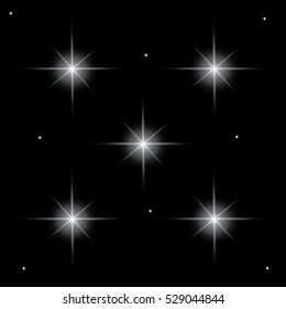 Set of glowing light effects with transparency, isolated on black background vector. Glare, rays, stars.