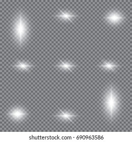 Set of glowing light effects with transparency isolated on plaid vector background. Lens flares, rays, stars and sparkles with bokeh collection