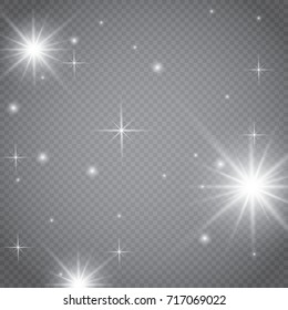 Set of glowing light effects with transparency isolated on plaid vector background. Lens flares, rays, stars and sparkles with bokeh collection