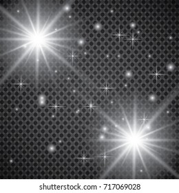 Set of glowing light effects with transparency isolated on plaid vector background. Lens flares, rays, stars and sparkles with bokeh collection