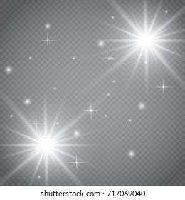 Set of glowing light effects with transparency isolated on plaid vector background. Lens flares, rays, stars and sparkles with bokeh collection